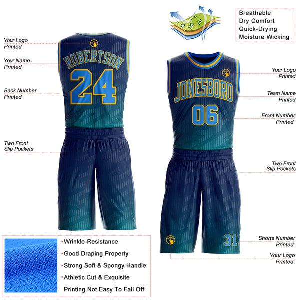 Custom Navy Powder Blue Aqua-Gold Stripe Gradient Round Neck Sublimation Basketball Uniform Jersey alternate
