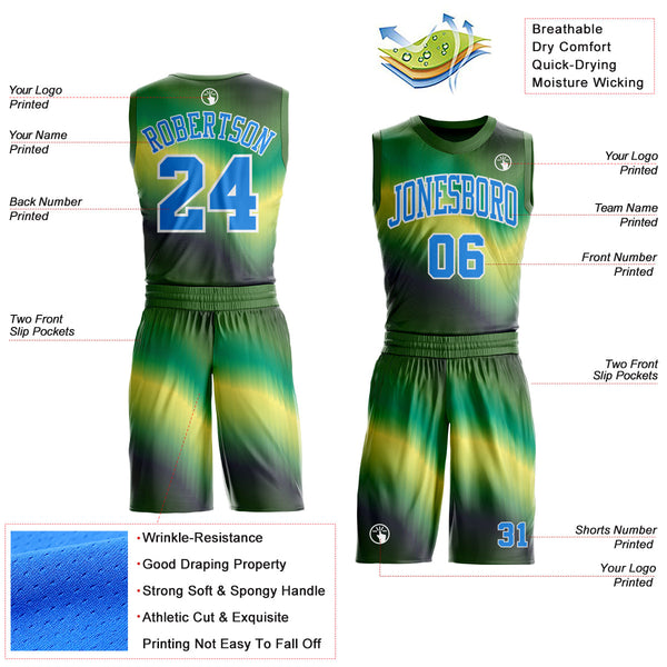 Custom Green Powder Blue Yellow-White Gradient Wave Texture Round Neck Sublimation Basketball Uniform Jersey alternate