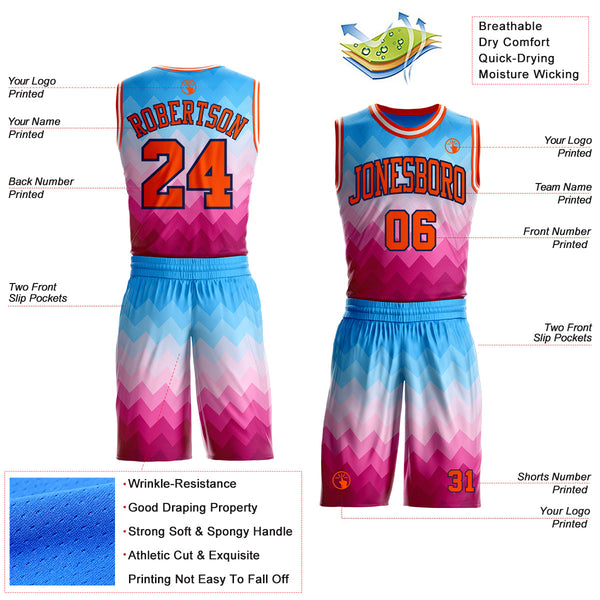 Custom Blue Orange Pink Navy-White Chevron Zigzag Gradient Round Neck Sublimation Basketball Uniform Jersey alternate