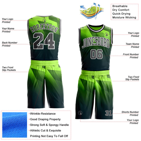 Custom Green Steel Gray White-Black Geometric Line Gradient Round Neck Sublimation Basketball Uniform Jersey alternate