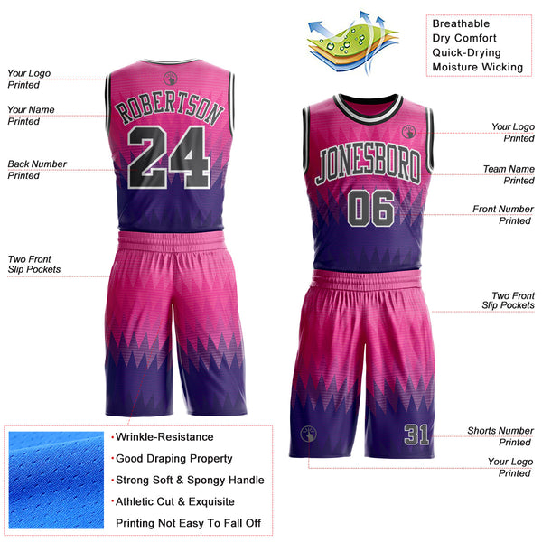 Custom Pink Steel Gray Purple White-Black Chevron Zigzag Gradient Round Neck Sublimation Basketball Uniform Jersey alternate