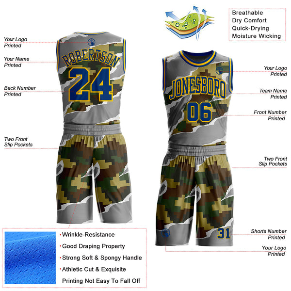 Custom Camo US Navy Blue-Yellow Digital Camouflage Torn Paper Style Round Neck Sublimation Salute To Service Basketball Uniform Jersey alternate
