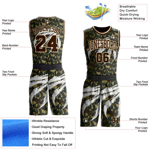 Custom Camo Brown-Cream Woodland Camouflage Claw Scratch Round Neck Sublimation Salute To Service Basketball Uniform Jersey alternate