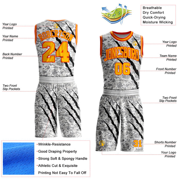 Custom Camo Gold-Orange Digital Camouflage Claw Scratch Round Neck Sublimation Salute To Service Basketball Uniform Jersey alternate