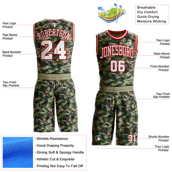 Custom Camo White-Red Woodland Camouflage Bullet Hole Round Neck Sublimation Salute To Service Basketball Uniform Jersey alternate