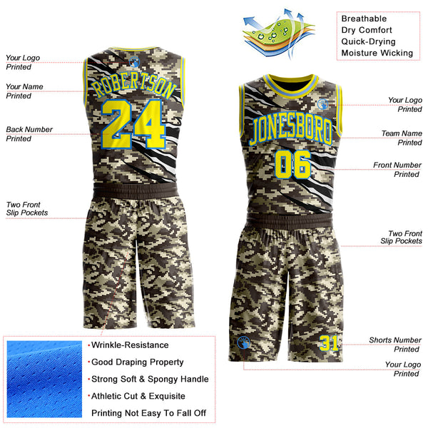 Custom Camo Light Yellow-Powder Blue Desert Camouflage Claw Round Neck Sublimation Salute To Service Basketball Uniform Jersey alternate