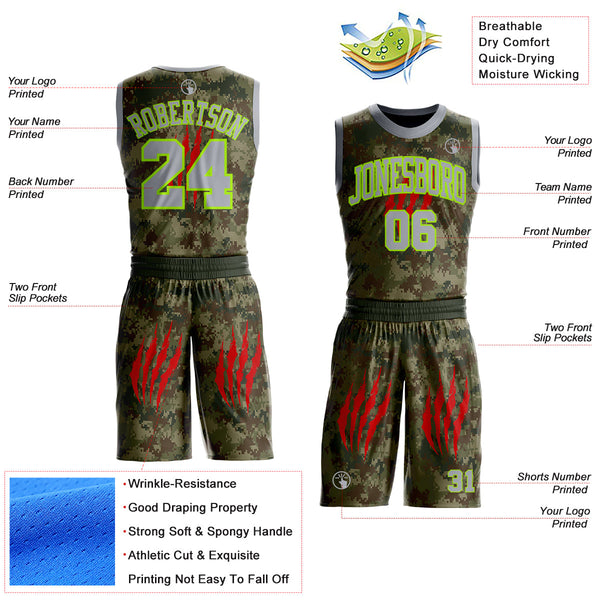 Custom Camo Gray-Neon Green Digital Camouflage Claw Round Neck Sublimation Salute To Service Basketball Uniform Jersey alternate