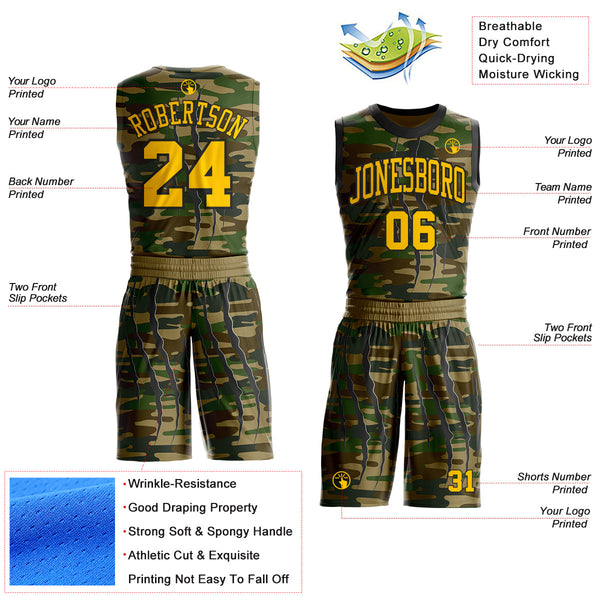 Custom Camo Yellow-Black Digital Camouflage Claw Round Neck Sublimation Salute To Service Basketball Uniform Jersey alternate