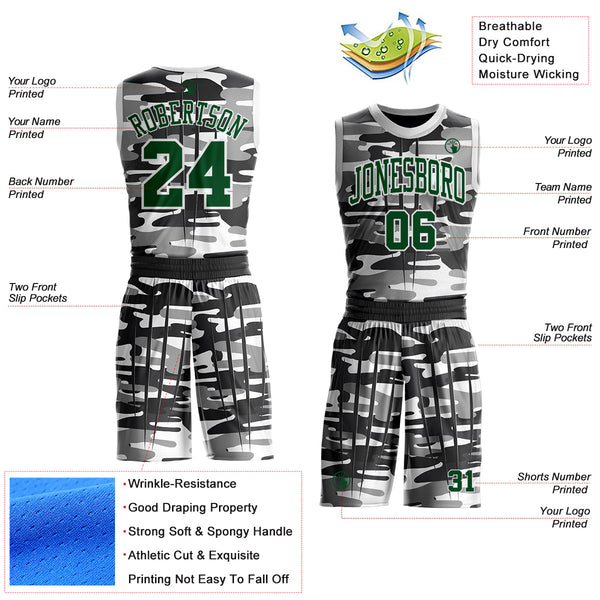 Custom Camo Green-White Snow Camouflage Claw Round Neck Sublimation Salute To Service Basketball Uniform Jersey alternate