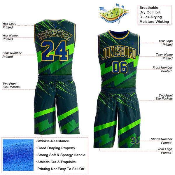 Custom Green US Navy Blue-Yellow Vibrant Lightning Stripe Round Neck Sublimation Basketball Uniform Jersey alternate