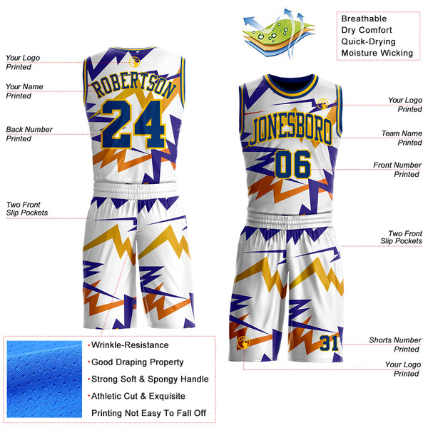 Custom White US Navy Blue-Yellow Retro Lightning Round Neck Sublimation Basketball Uniform Jersey alternate