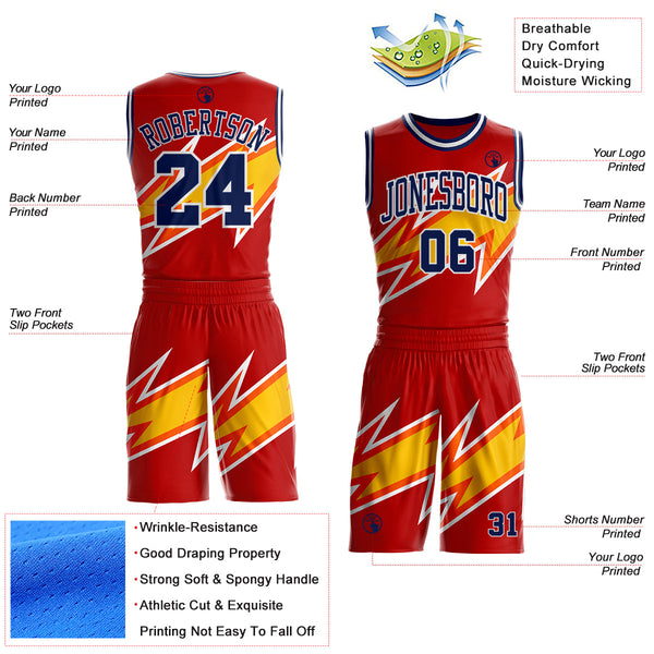 Custom Red Navy Yellow-White Vibrant Lightning Stripe Round Neck Sublimation Basketball Uniform Jersey alternate