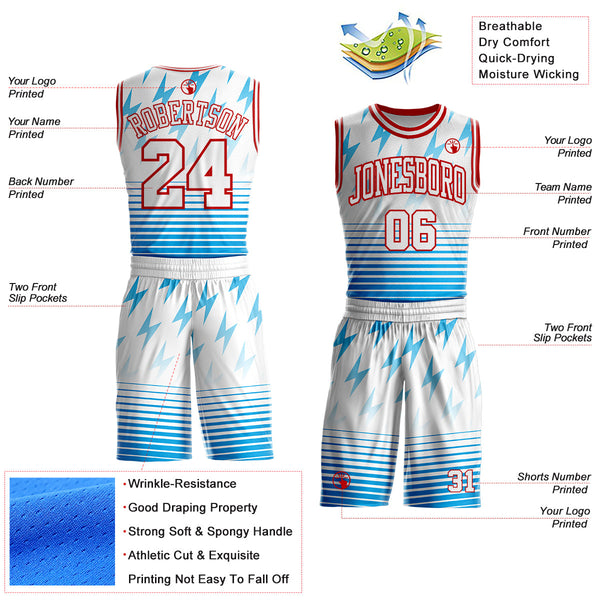 Custom White Blue-Red Lightning Stripe Round Neck Sublimation Basketball Uniform Jersey alternate