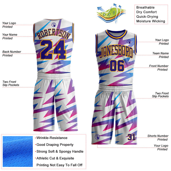 Custom White Dark Purple-Gold Abstract Lightning Round Neck Sublimation Basketball Uniform Jersey alternate