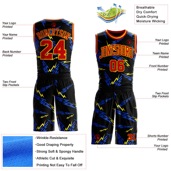 Custom Black Red Blue-Gold Vibrant Lightning Round Neck Sublimation Basketball Uniform Jersey alternate