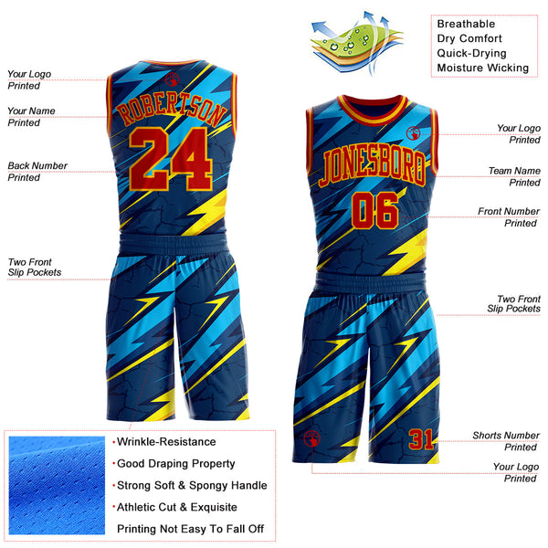 Custom Blue Red-Gold Abstract Lightning Round Neck Sublimation Basketball Uniform Jersey alternate