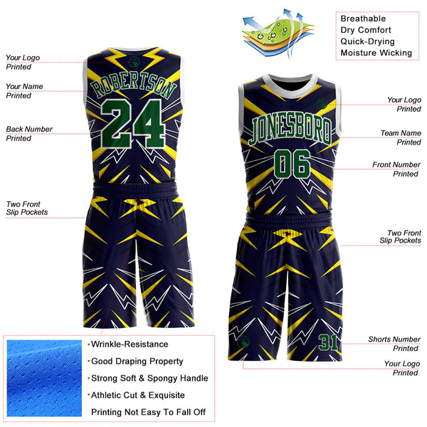 Custom Blue Green Yellow-White Lightning Burst Round Neck Sublimation Basketball Uniform Jersey alternate