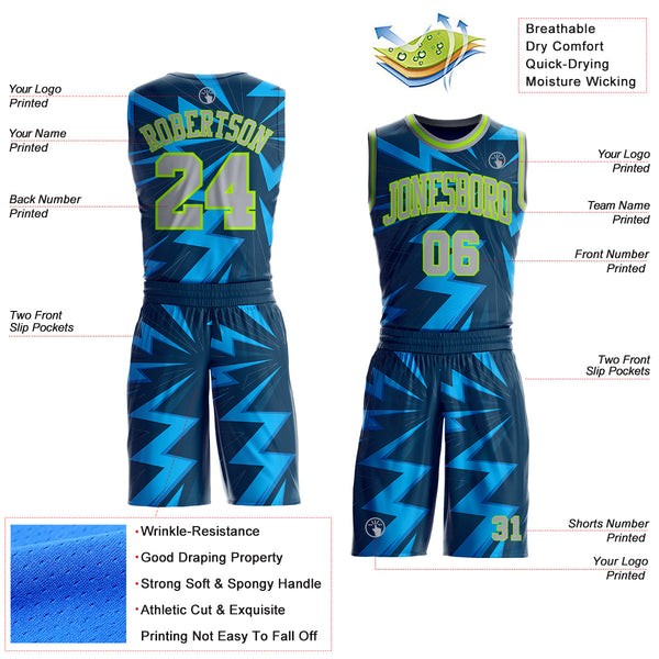 Custom Blue Gray-Neon Green Lightning Burst Round Neck Sublimation Basketball Uniform Jersey alternate