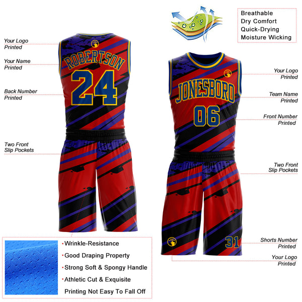 Custom Red US Navy Blue Black-Yellow Abstract Diagonal Stripe Splatter Round Neck Sublimation Basketball Uniform Jersey alternate