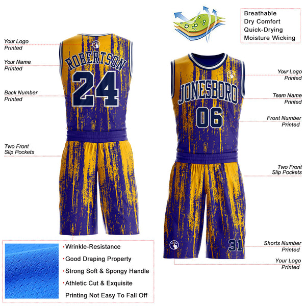 Custom Dark Purple Navy Gold-White Grunge Paint Round Neck Sublimation Basketball Uniform Jersey alternate