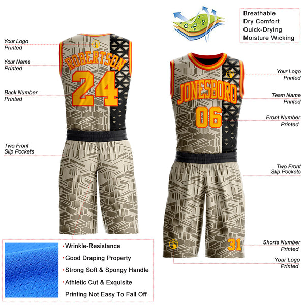 Custom Cream Gold Black-Orange Split Geometric Tribal Round Neck Sublimation Basketball Uniform Jersey alternate