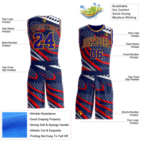 Custom Navy Dark Purple Red-Gold Geometric Abstract Hexagon Round Neck Sublimation Basketball Uniform Jersey alternate