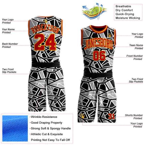 Custom Black Red Gray-Gold Abstract Geometric Shards Round Neck Sublimation Basketball Uniform Jersey alternate