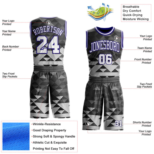 Custom Gray White-Dark Purple Geometric Triangle Round Neck Sublimation Basketball Uniform Jersey alternate