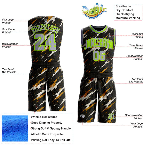 Custom Black Gray Yellow-Neon Green Brush Stroke Abstract Round Neck Sublimation Basketball Uniform Jersey alternate