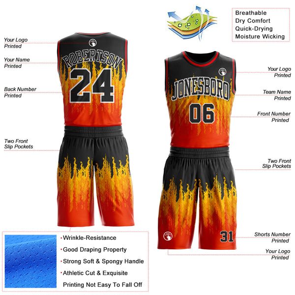Custom Black Yellow White-Fire Red Blazing Flames Round Neck Sublimation Basketball Uniform Jersey alternate