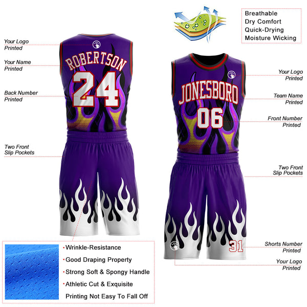 Custom Purple White Red-Black Irregular Fire Flames Round Neck Sublimation Basketball Uniform Jersey alternate