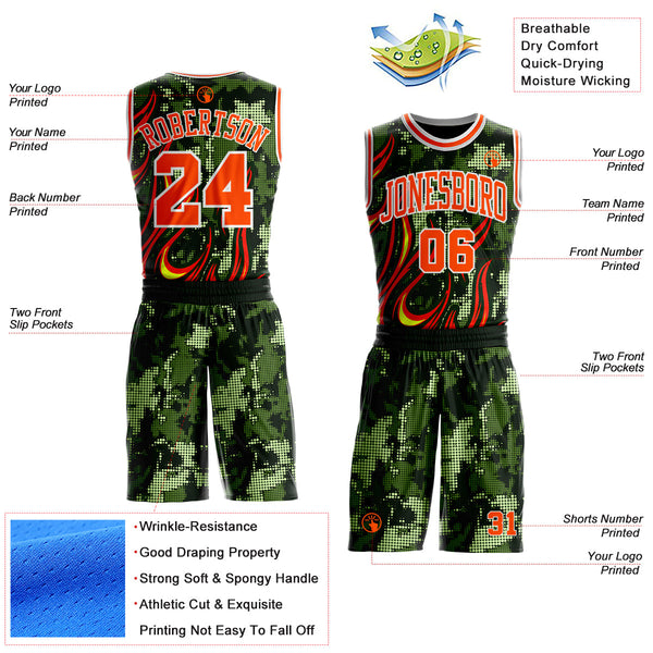 Custom Green Orange-White Irregular Fire Flames Round Neck Sublimation Basketball Uniform Jersey alternate