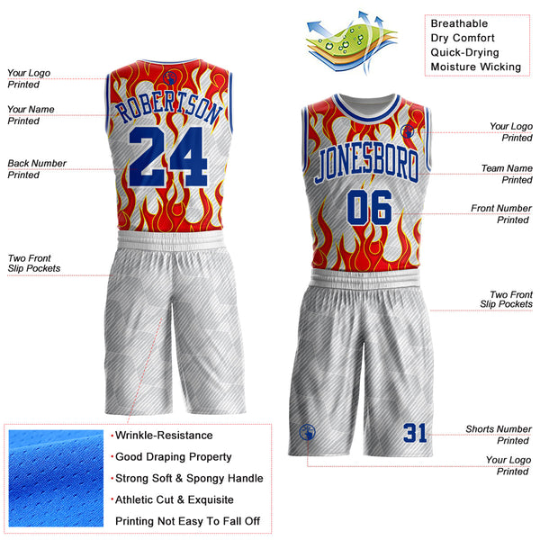 Custom White Royal Gray Red-Yellow Blazing Flames Round Neck Sublimation Basketball Uniform Jersey alternate