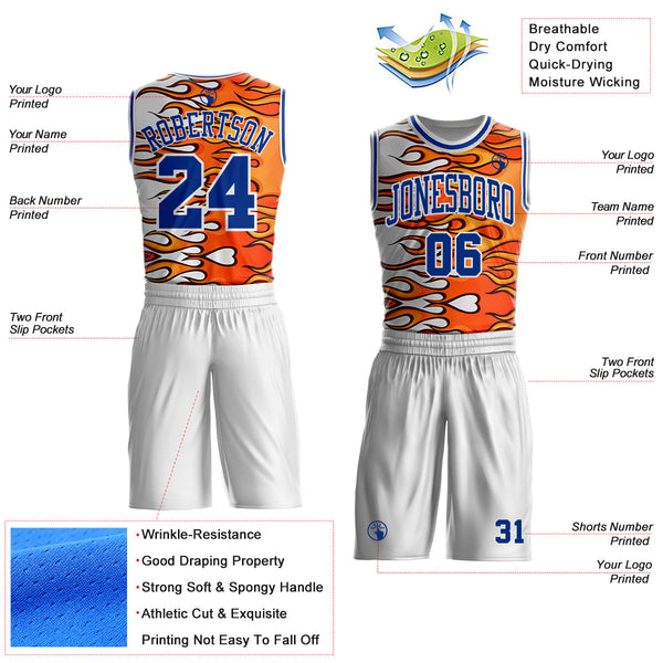 Custom White Royal-Orange Blazing Flames Round Neck Sublimation Basketball Uniform Jersey alternate