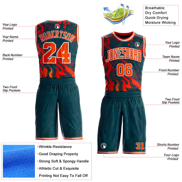 Custom Blue Orange Red-White Irregular Fire Flames Round Neck Sublimation Basketball Uniform Jersey alternate