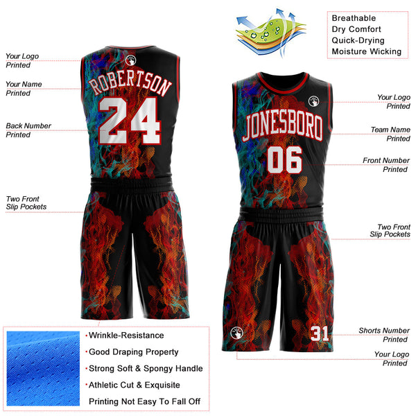 Custom Black White Blue-Red Blazing Flames Round Neck Sublimation Basketball Uniform Jersey alternate