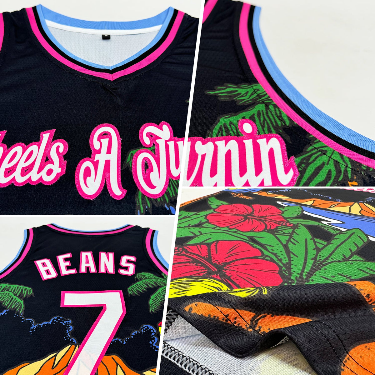 Custom Black White Pink-Light Blue 3D Pattern Tropical Beach Hawaii Palm Trees Authentic Basketball Jersey - Back