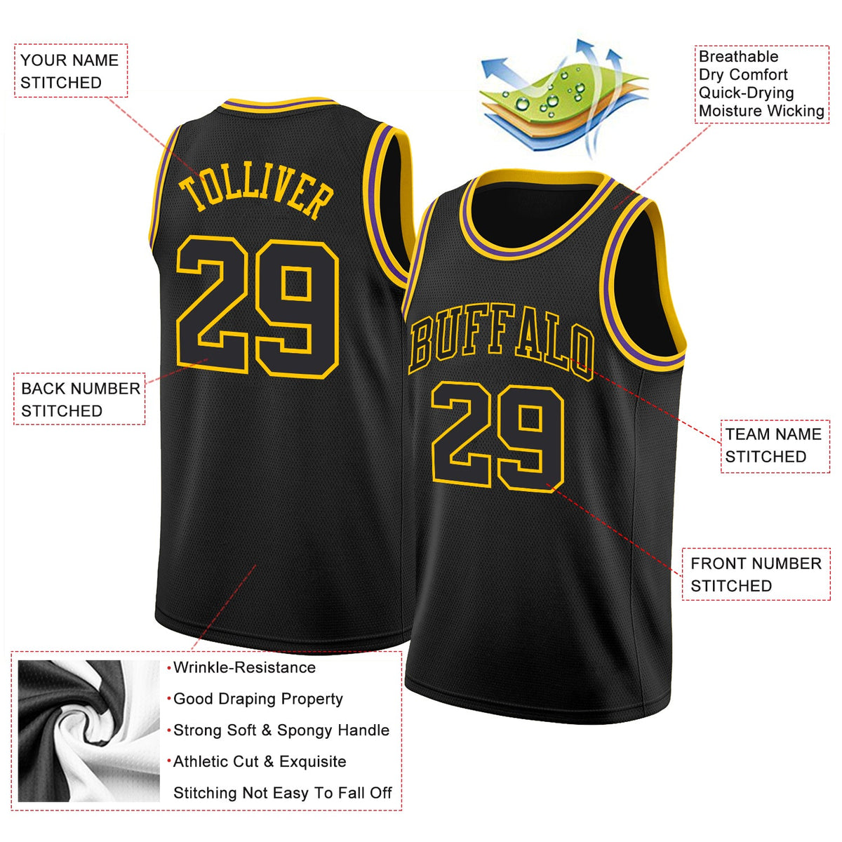 Custom Black Black-Gold Round Neck Rib-Knit Basketball Jersey - Front