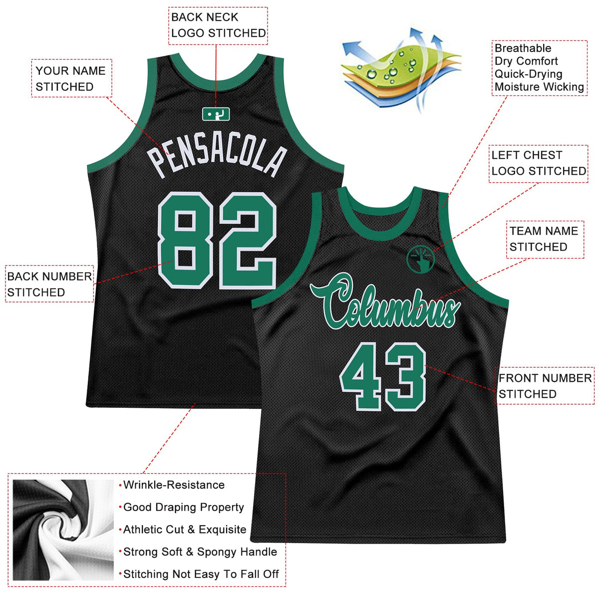Custom Black Kelly Green-White Authentic Throwback Basketball Jersey - Back