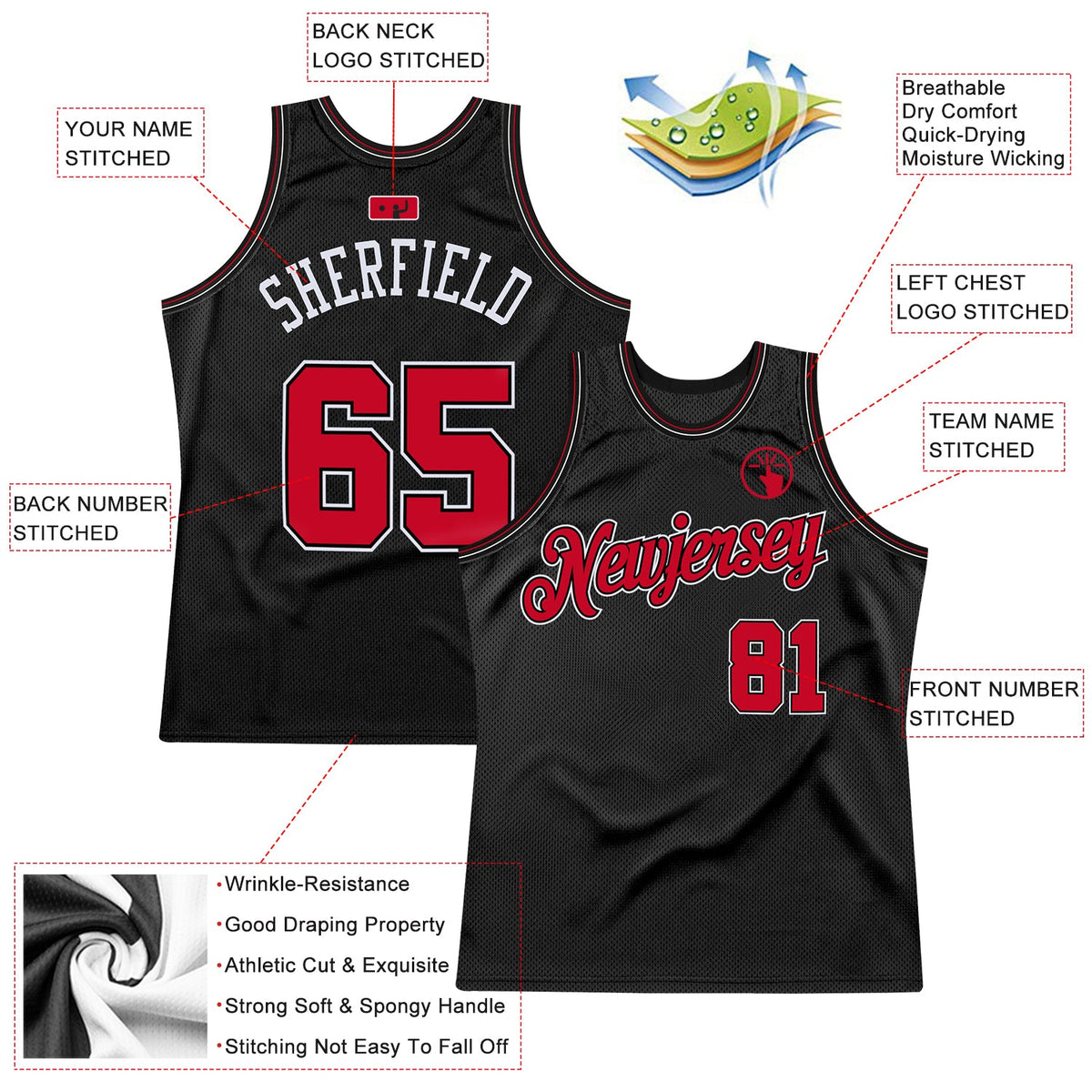 Custom Black Red-White Authentic Throwback Basketball Jersey - Front