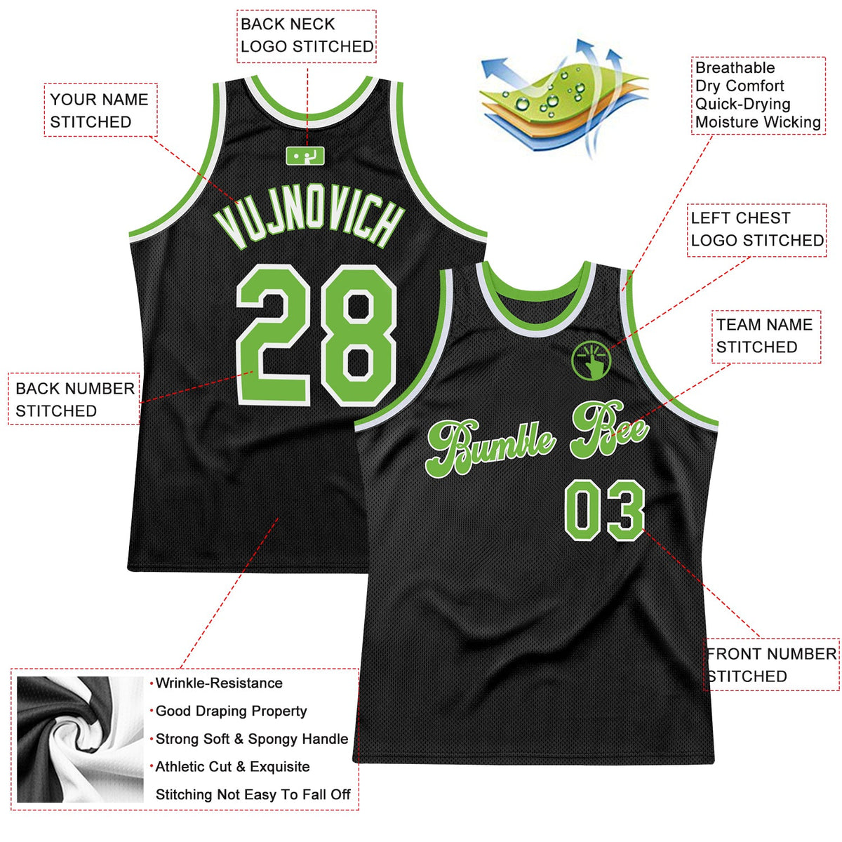 Custom Black Neon Green-White Authentic Throwback Basketball Jersey - Back