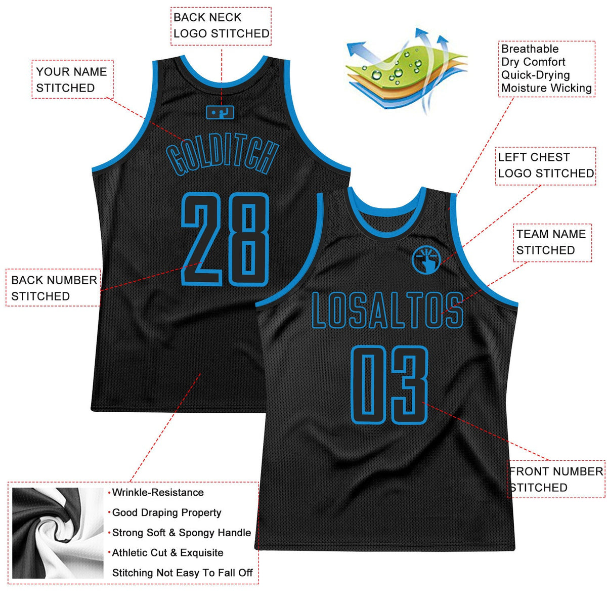 Custom Black Black-Blue Authentic Throwback Basketball Jersey - Back