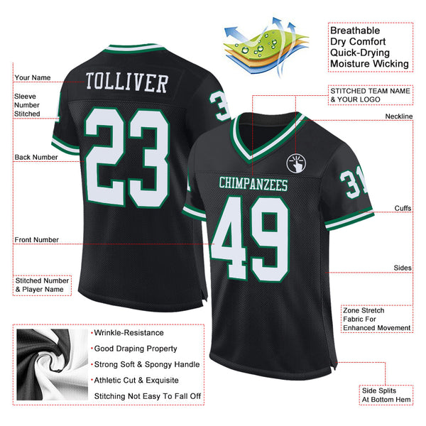 Custom Black White-Kelly Green Mesh Authentic Throwback Football Jersey alternate