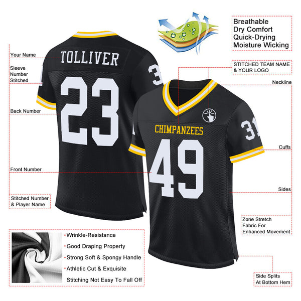 Custom Black White-Gold Mesh Authentic Throwback Football Jersey alternate