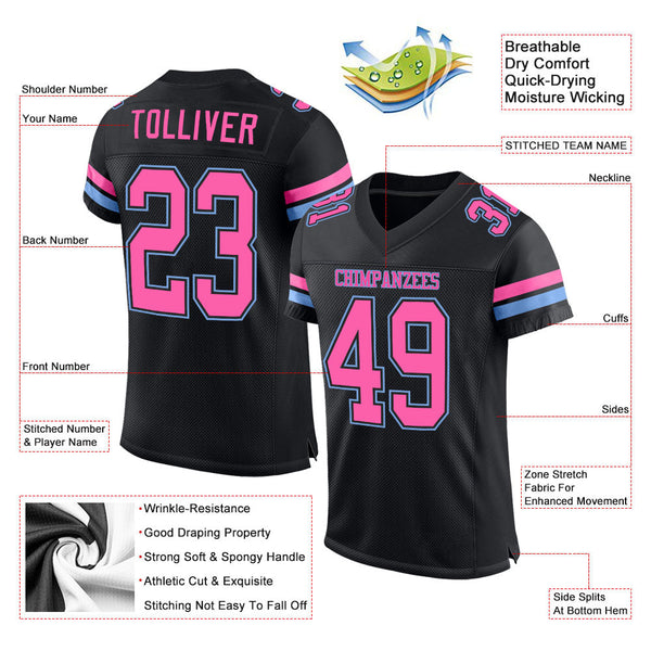 Custom Black Pink-Light Blue Mesh Authentic Football Jersey alternate