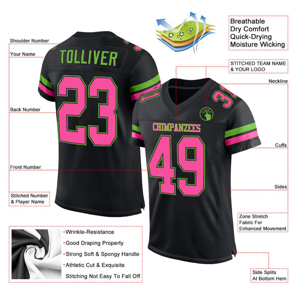 Custom Black Pink-Neon Green Mesh Authentic Football Jersey alternate