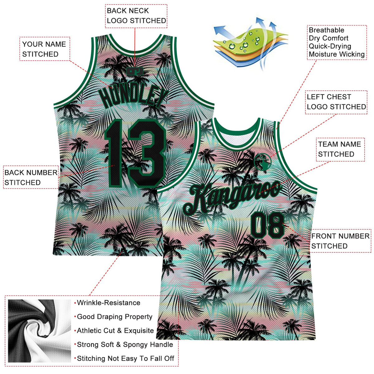 Custom Black Black-Kelly Green 3D Pattern Tropical Hawaii Palm Leaves Authentic Basketball Jersey - Back