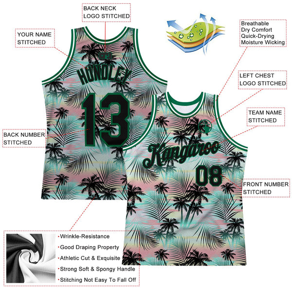 Custom Black Black-Kelly Green 3D Pattern Tropical Hawaii Palm Leaves Authentic Basketball Jersey alternate