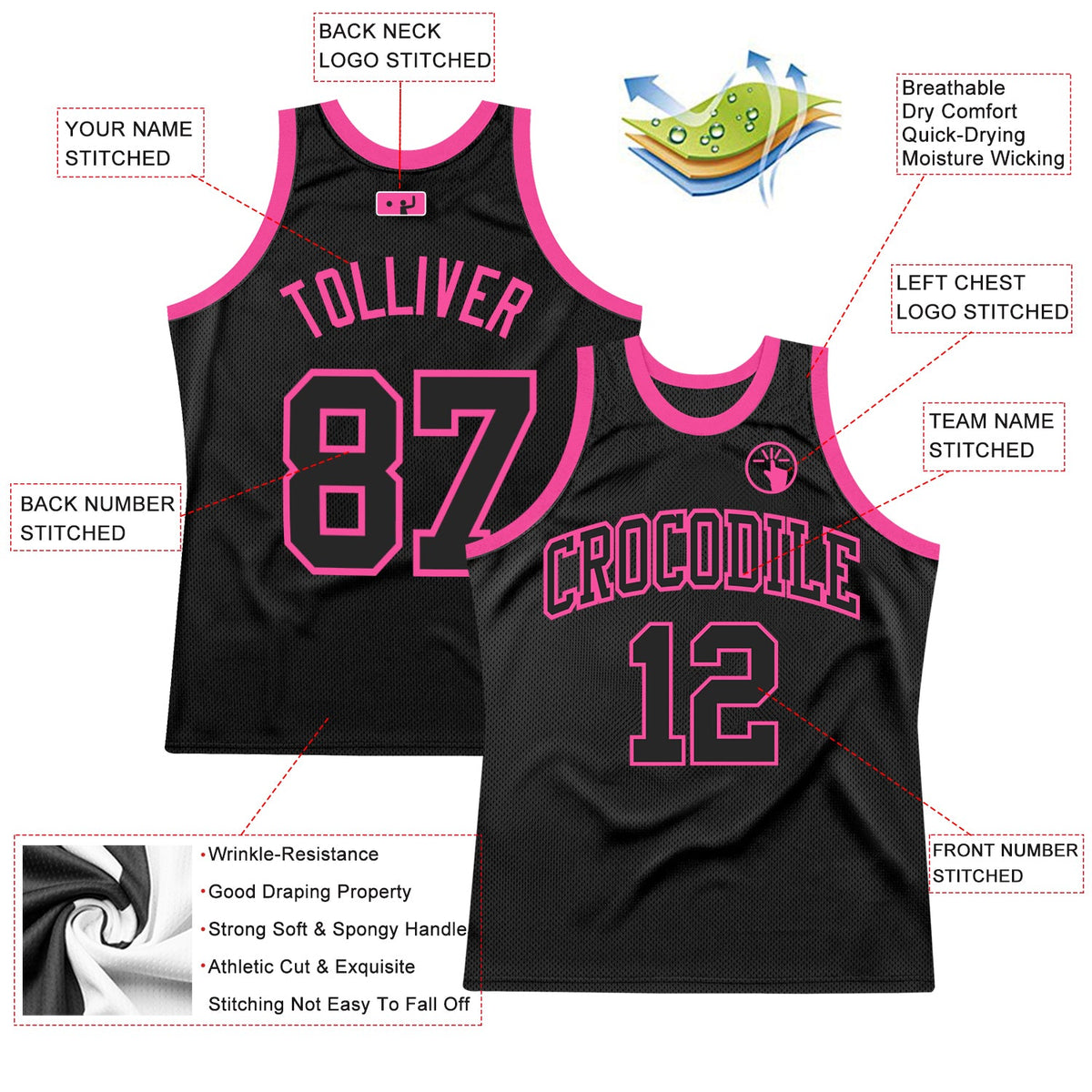 Custom Black Black-Pink Authentic Throwback Basketball Jersey - Back