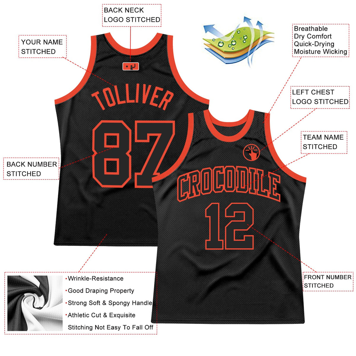 Custom Black Black-Orange Authentic Throwback Basketball Jersey - Back